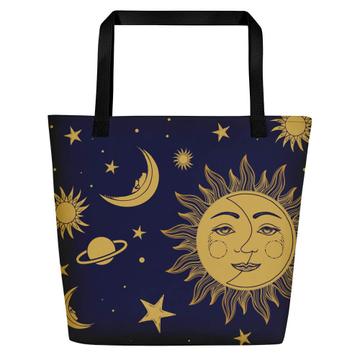 Sun & Moon : Gift Beach Bag Patterned Esoteric Yoga Stars Blue Hippie