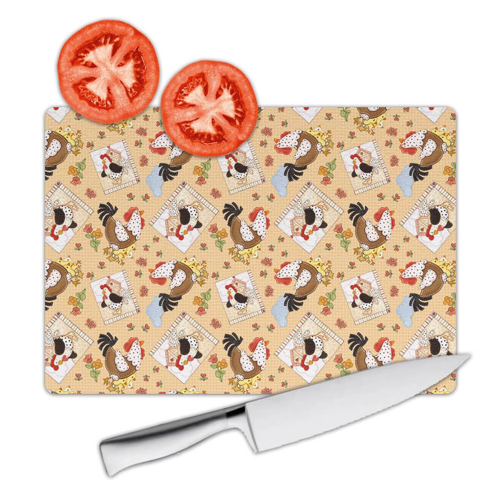 Gift Cutting Board : Chicken Family Cock Chicks Patchwork Sewed Flower Kitchen