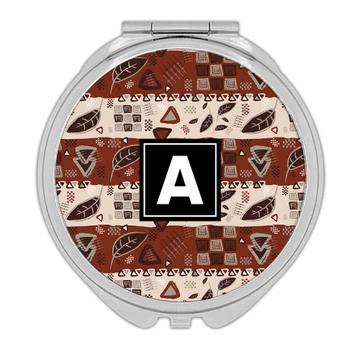 Tribal Pattern Fall : Gift Compact Mirror Abstract Print Geometrical Squares Triangle Leaves Autumn Fabric