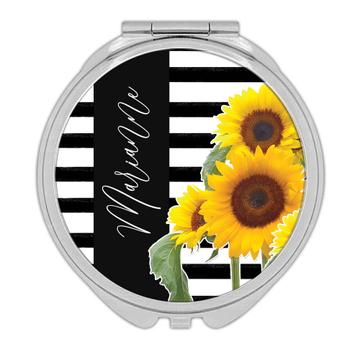 Sunflower Stripes Personalized Name : Gift Compact Mirror Flower Floral Yellow Decor