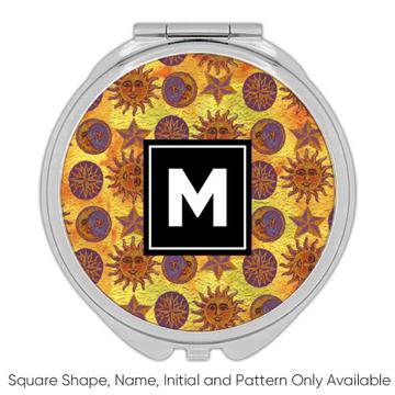 Faced Sun Moon : Gift Compact Mirror Seamless Pattern Star Vintage Compass Celestial Print Decor