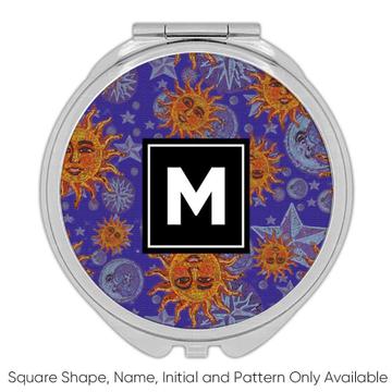 Celestial Print : Gift Compact Mirror Faced Sun Stars Planets Pattern Compass Magical Decoration