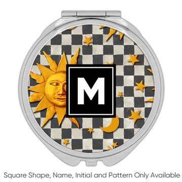 Vintage Sun Chess Pattern : Gift Compact Mirror Moon Stars Abstract Decor Kitchen Face Design