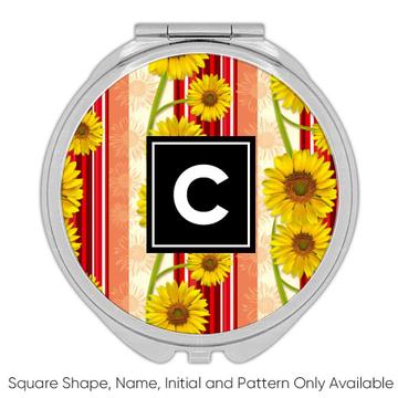 Sunflowers Cluster : Gift Compact Mirror Orange Color Pattern Stripes Floral Gerbera Blossoms