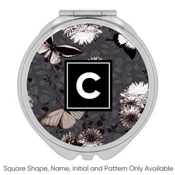 Retro Style Pattern : Gift Compact Mirror Black White Butterflies Flowers Condolence Death Vintage
