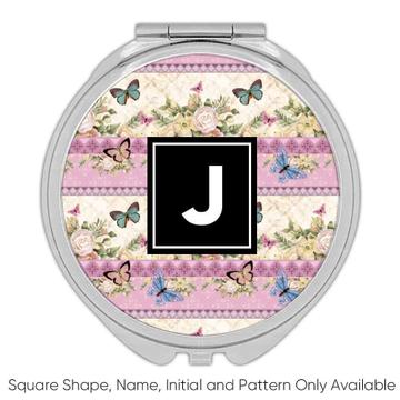Flower Arrangement : Gift Compact Mirror Girl Friend Butterflies Pastel Pattern Rhombus Vintage Decor