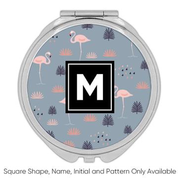 Cute Flamingo : Gift Compact Mirror Gray Pattern Birds Leaves Small Plant Room Wall Art Girl