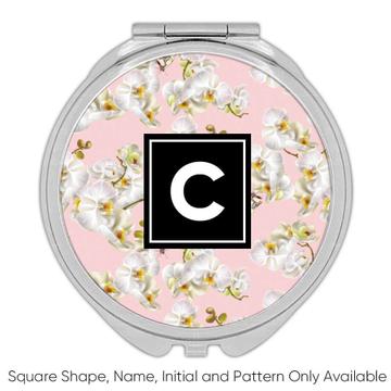 White Orchid Cluster : Gift Compact Mirror Pale Pink Pattern Wedding Engagement Bouquet Bride Tropical