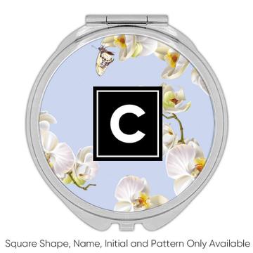 White Orchid Cluster : Gift Compact Mirror Flowers Sky Blue Pattern Natural Bridal Celebration Printable