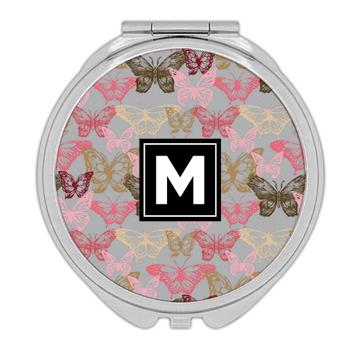 Butterfly Silhouette Pattern : Gift Compact Mirror Vintage Art Print For Mother Grandma Garden Decor