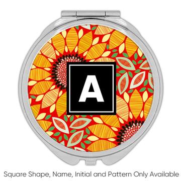 Graphic Sunflower Design : Gift Compact Mirror Fabric Pattern Almond Shaped Leaf Geometric Decor
