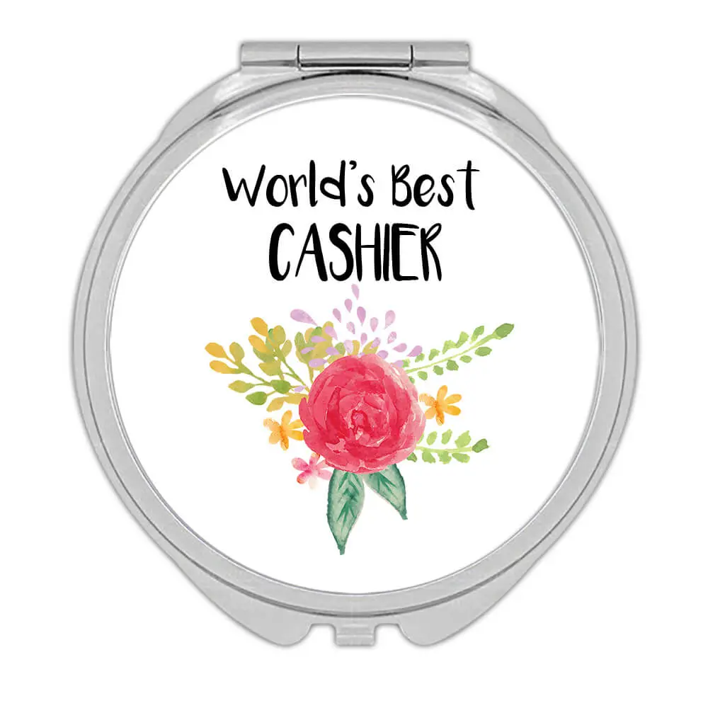 World’s Best Cashier : Gift Compact Mirror Work Job Cute Flower Christmas Birthday