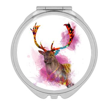 Deer Watercolor Painting : Gift Compact Mirror Wild Animal Colorful Graphics Nature Protection
