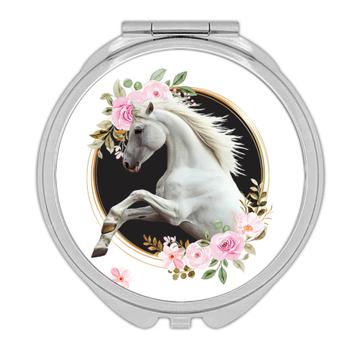 Horse Roses Frame : Gift Compact Mirror For Horses Lover Animal Flower Delicate Art Print Her Vintage