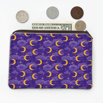 Faced Moon : Gift Coin Purse Seamless Pattern Clouds Night Sky Sparkling Stars Crescent Ceiling