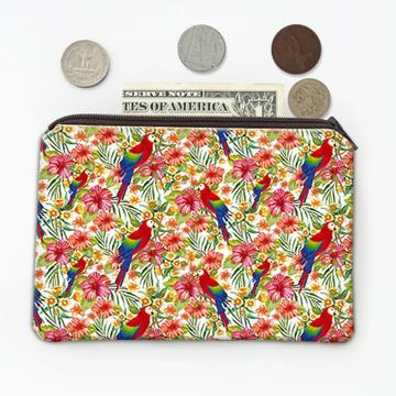 Macaw In Flowers : Gift Coin Purse Parrot Hibiscus Pattern Birds Exotic Jungle Garden Art