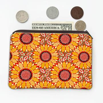 Graphic Sunflower Design : Gift Coin Purse Fabric Pattern Almond Shaped Leaf Geometric Decor