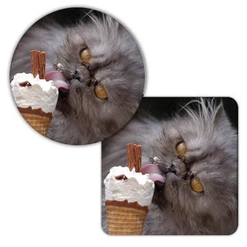 Cat : Gift Coaster Licking Ice Cream Funny Cute Pet Persian