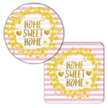 Home Sweet Home : Gift Coaster Decor Stripes Floral Pink Faux Gold Home Accent