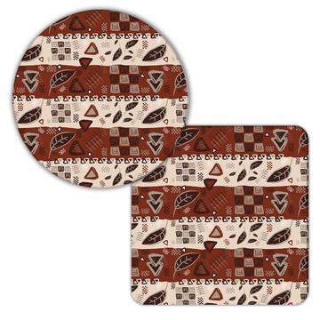 Tribal Pattern Fall : Gift Coaster Abstract Print Geometrical Squares Triangle Leaves Autumn Fabric