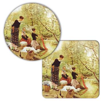 Ladies Washing Clothes River : Gift Coaster Famous Oil Painting Art Artist Painter