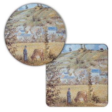 Woman Field Cow : Gift Coaster Famous Oil Painting Art Artist Painter