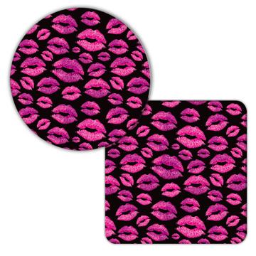 Pink Lips : Gift Coaster Make Up Kisses Mouth Black Pattern Lipstick Glitter Friend Art Diy