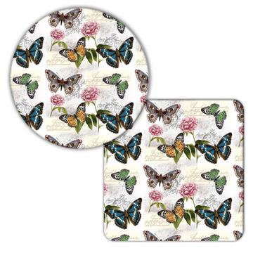 Vintage Butterfly Pattern : Gift Coaster Damask Style Roses Small Tortoiseshell Arabesque Retro