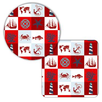World Map : Gift Coaster Nautical Pattern Sailboat Anchor Square Pattern Room Decor Coral