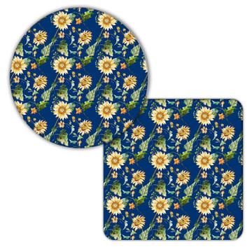Sunflowers Poppy Straw : Gift Coaster Pattern Watercolor Leaves Garden Kitchen Decor