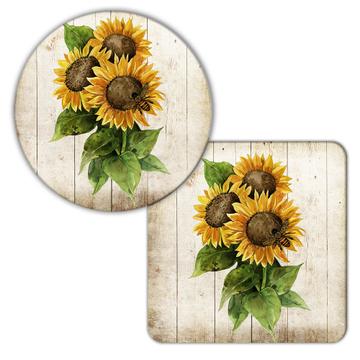 Sunflower Vintage Bee : Gift Coaster Flower Floral Yellow Decor Painting