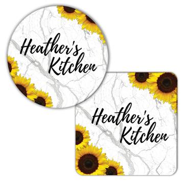 Sunflower Kitchen Personalized Name : Gift Coaster Flower Floral Yellow Decor Customizable Heather