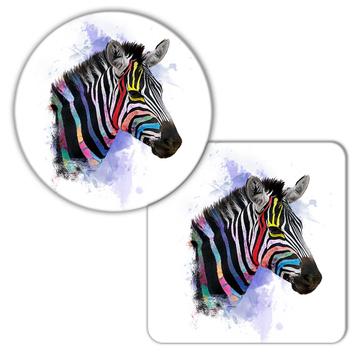 Zebra Face Colors Rainbow : Gift Coaster Safari Animal Wild Nature Watercolor Painting