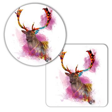 Deer Watercolor Painting : Gift Coaster Wild Animal Colorful Graphics Nature Protection