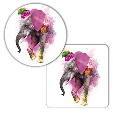 Elephant Painting Flowers : Gift Coaster Safari Animal Wild Nature Africa Watercolor Art