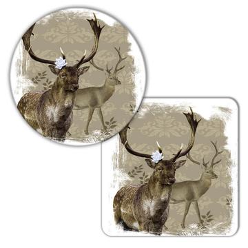 Deer Realistic Painting : Gift Coaster Lotus Flower Deers Wild Animals Forest Arabesque