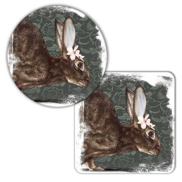 Realistic Hare Picture Orchid : Gift Coaster Wild Animal Floral Arabesques Rabbit Art