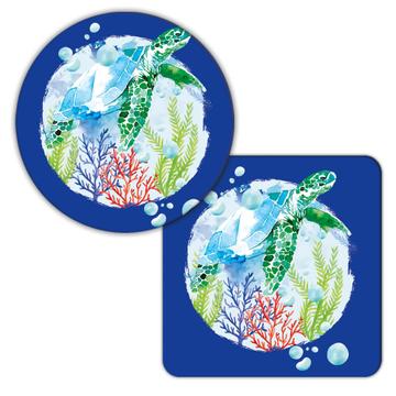 Turtle Seaweed : Gift Coaster Underwater Print For Sea Water Animal Lover Ocean Cute Art Child