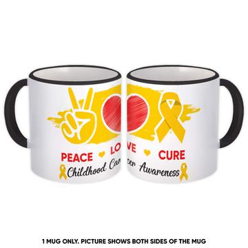 Peace Love Cure : Gift Mug Childhood Cancer Awareness Gold Ribbon Support Charity