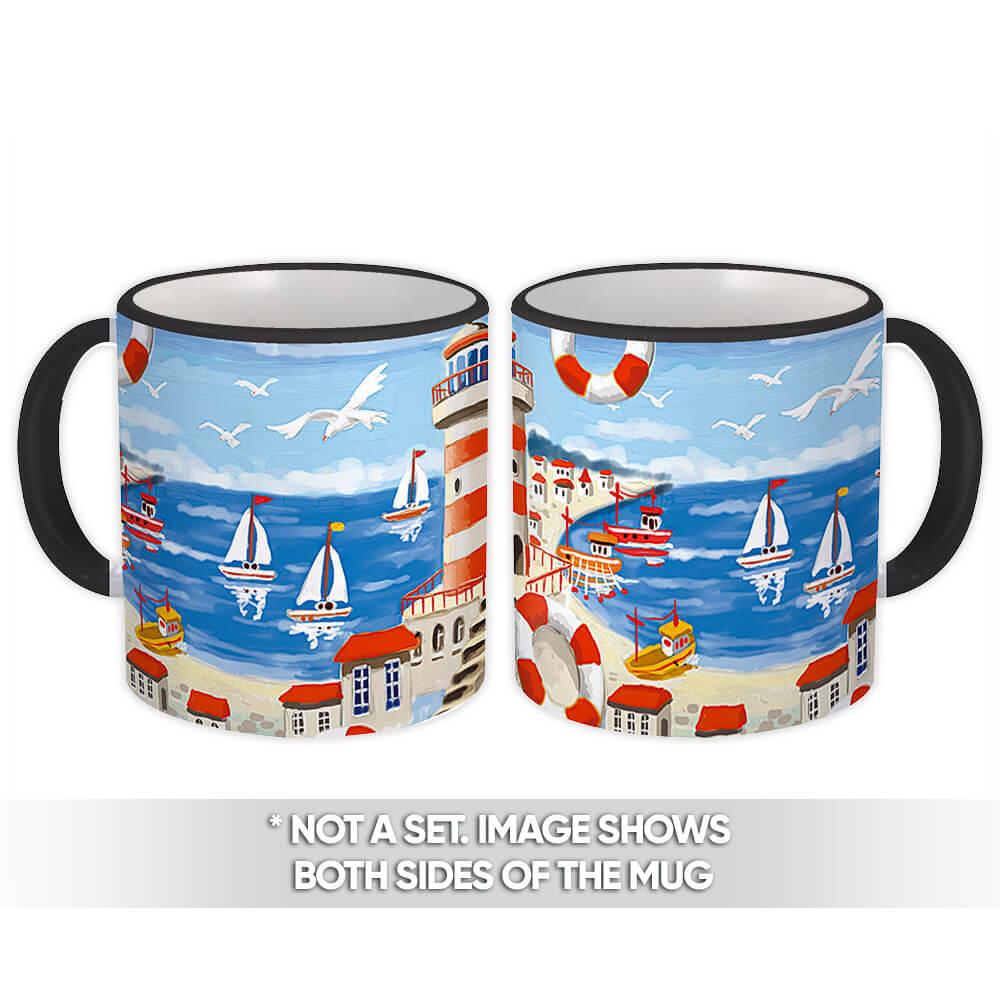 Gift Mug : Sea Bay Watercolor Boats Lighthouse Summer Scape Travel Room Decor