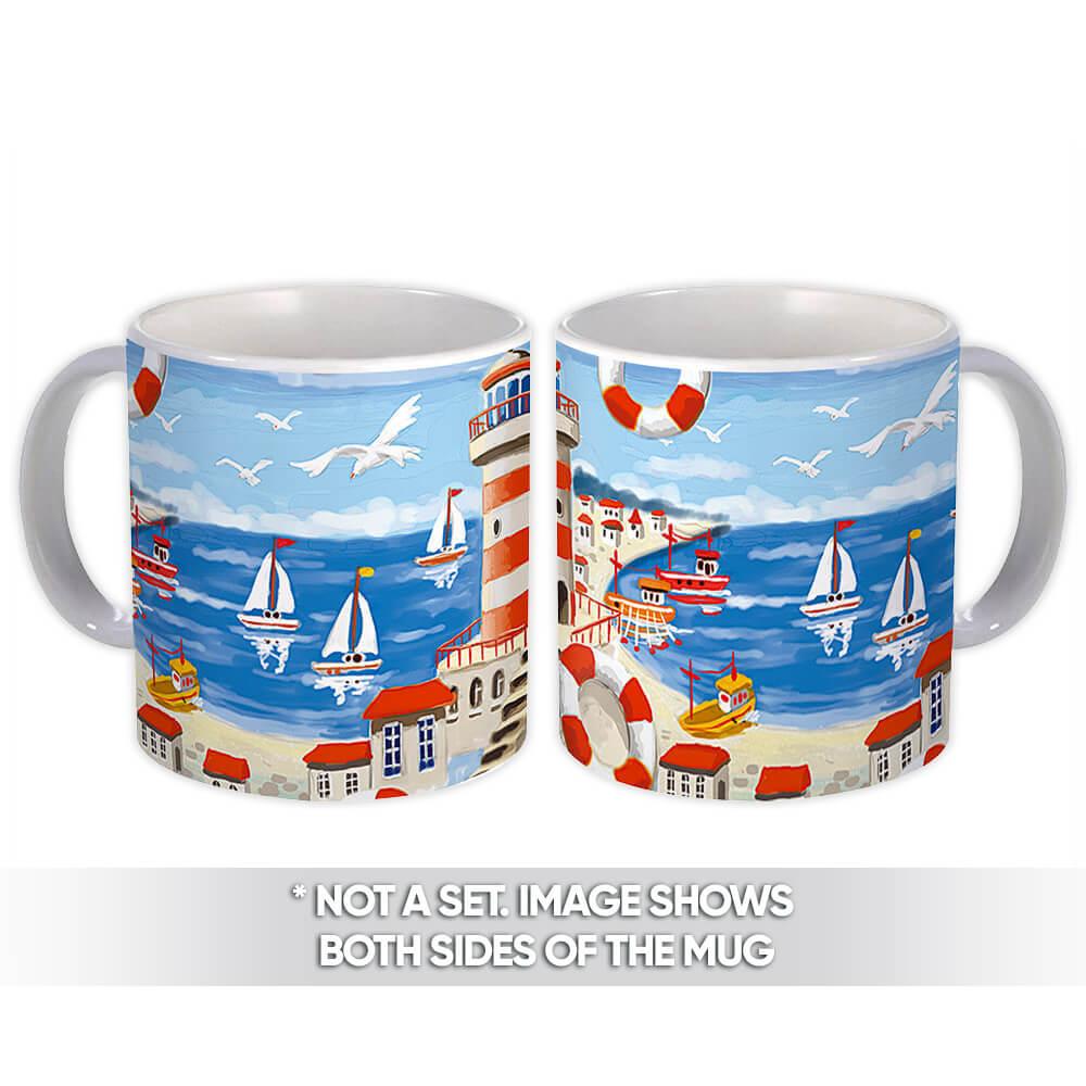 Gift Mug : Sea Bay Watercolor Boats Lighthouse Summer Scape Travel Room Decor