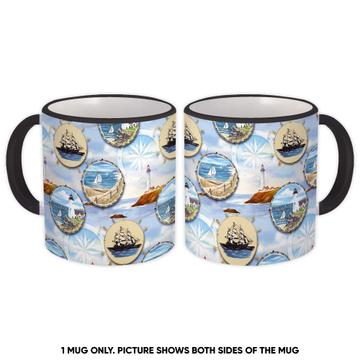 Ship Lighthouse Maritime : Gift Mug Seamless Pattern Marine Sea For Him Father Dad Vintage