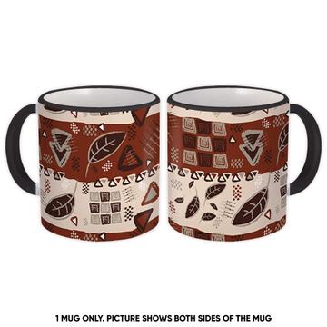 Tribal Pattern Fall : Gift Mug Abstract Print Geometrical Squares Triangle Leaves Autumn Fabric