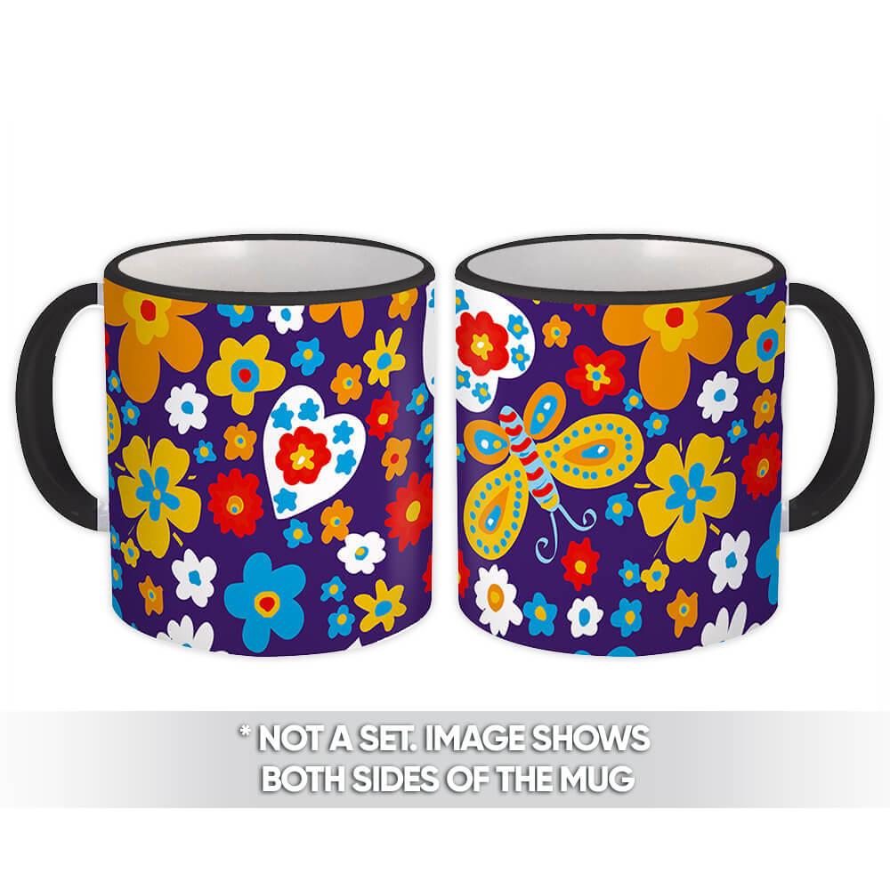 Gift Mug : Painted Flowers Butterflies Seamless Pattern Colorful Daisies Heart