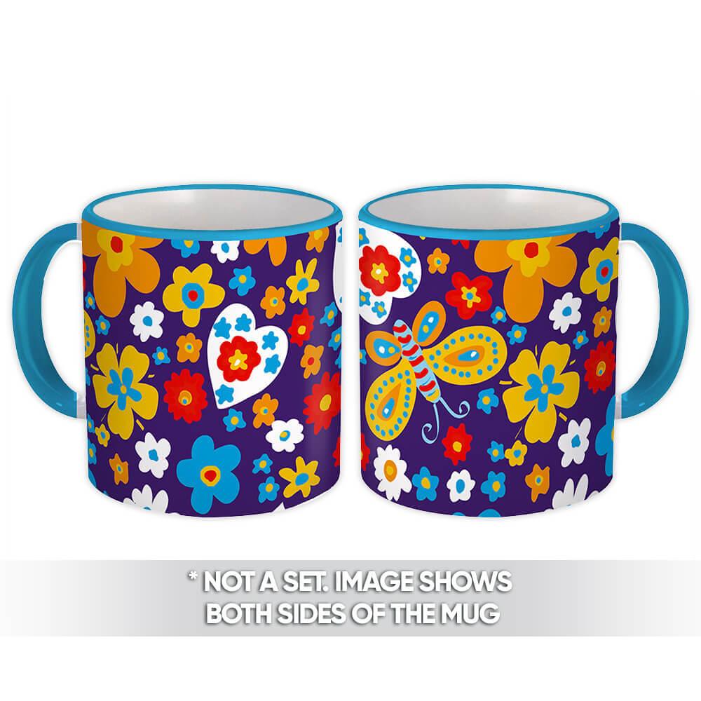 Gift Mug : Painted Flowers Butterflies Seamless Pattern Colorful Daisies Heart