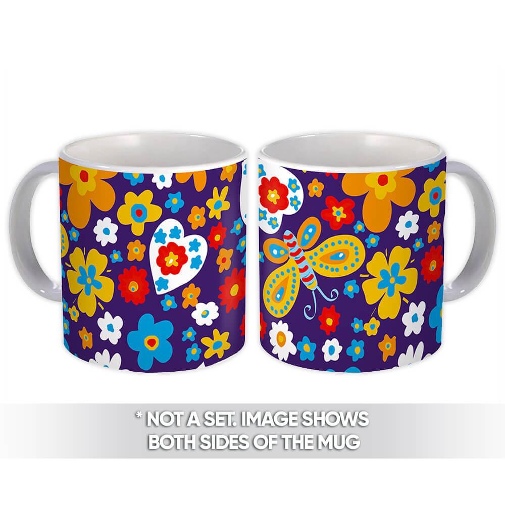 Gift Mug : Painted Flowers Butterflies Seamless Pattern Colorful Daisies Heart