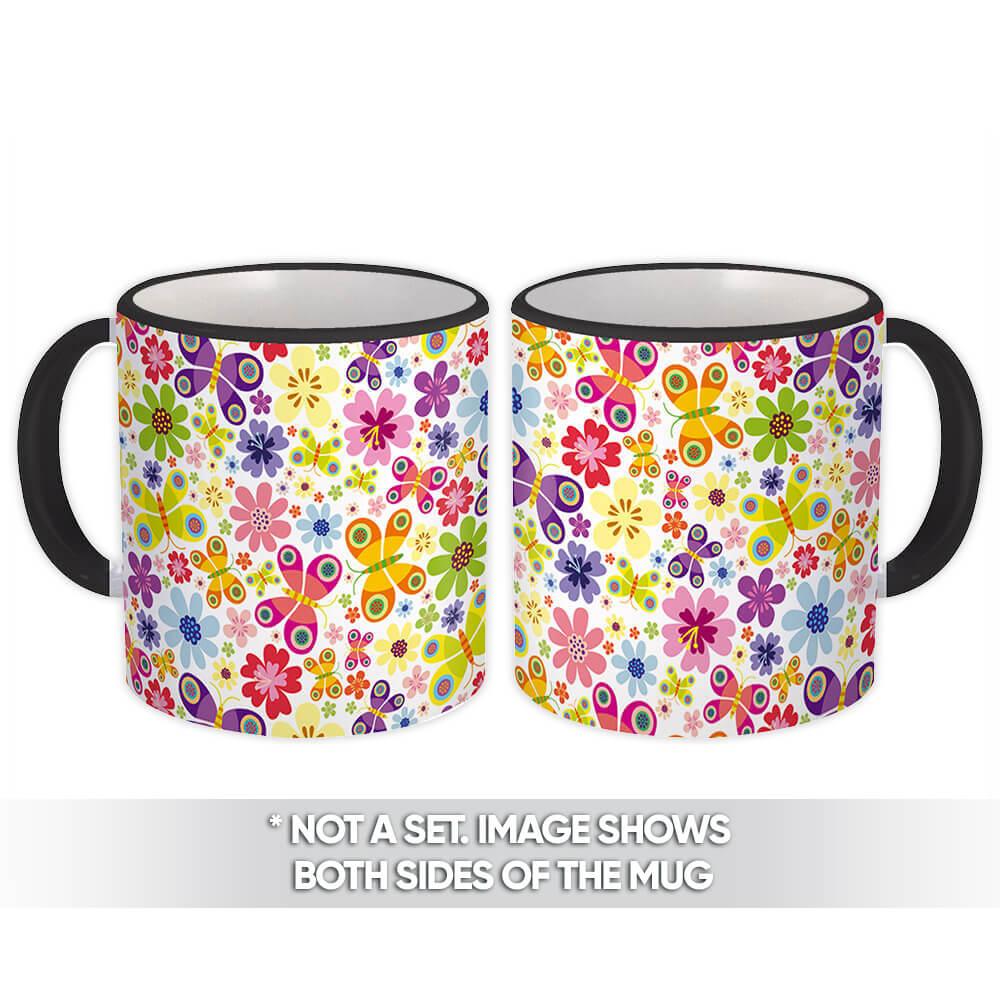 Gift Mug : Multicolored Pattern Floral Butterflies Daisy Rainbow Kids Wall Decor