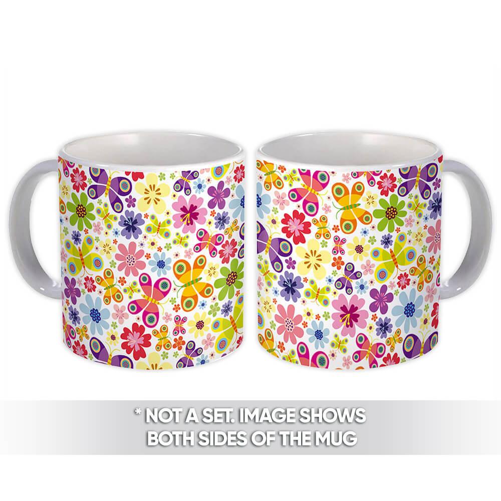 Gift Mug : Multicolored Pattern Floral Butterflies Daisy Rainbow Kids Wall Decor