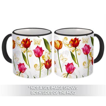 Vintage Style Tulips : Gift Mug Golden Embellishment Arabesque Wedding Butterflies Bride