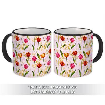Vintage Style Tulips : Gift Mug Golden Ornament Spring Leaves Valentine Butterflies Sweet 16